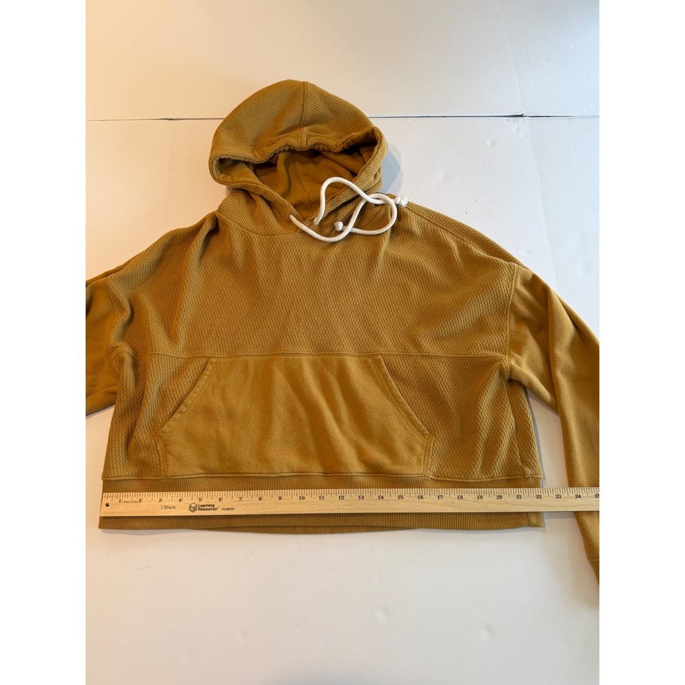 Aerie Mustard Yellow Cropped Textured Waffle Knit Hoodie Sweatshirt Womens M - Picture 5 of 7